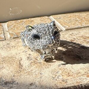 Silver Panther Head Adjustable Rhinestone Ring